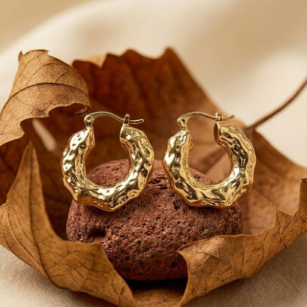 18K Gold Plated Molten Textured Hoop Earrings | Hammered Chunky Gold Hoops for Women