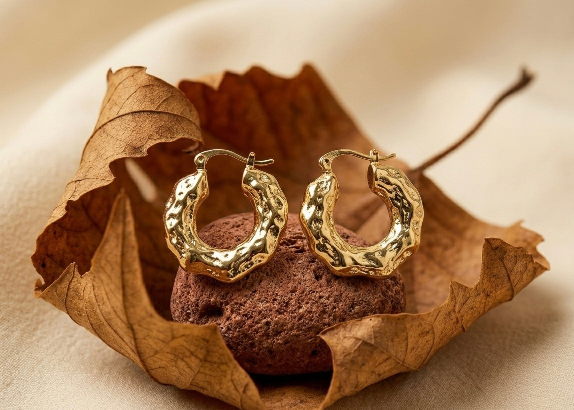 18K Gold Plated Molten Textured Hoop Earrings | Hammered Chunky Gold Hoops for Women