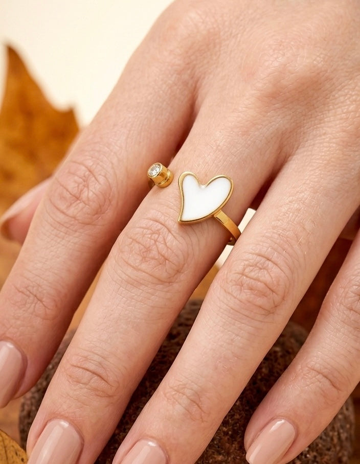 Dainty White Enamel Heart Open Ring – Gold Wrap Ring with Zircon Accent – Minimalist Heart Jewelry Gift for Her