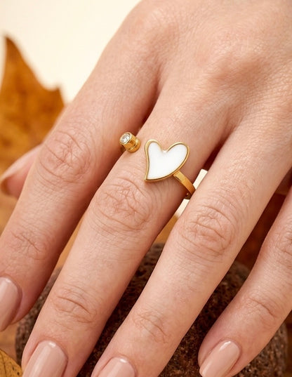 Dainty White Enamel Heart Open Ring – Gold Wrap Ring with Zircon Accent – Minimalist Heart Jewelry Gift for Her