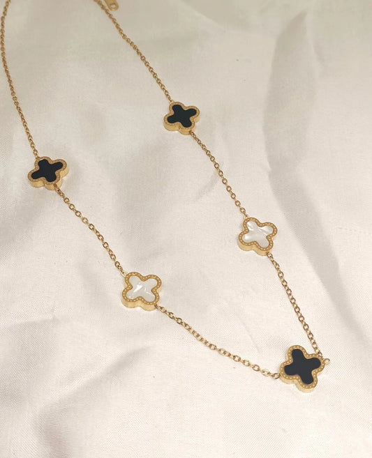 Black & White Clover- 18k Gold-Plated Necklace