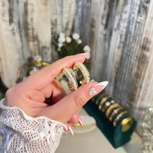 Luxury 18K Gold Plated Pearl Inlay Hoop Earrings | Elegant Textured Twisted Gold & Pearl Huggies | Vintage Style Statement Jewelry for Women - ACERO JEWELS