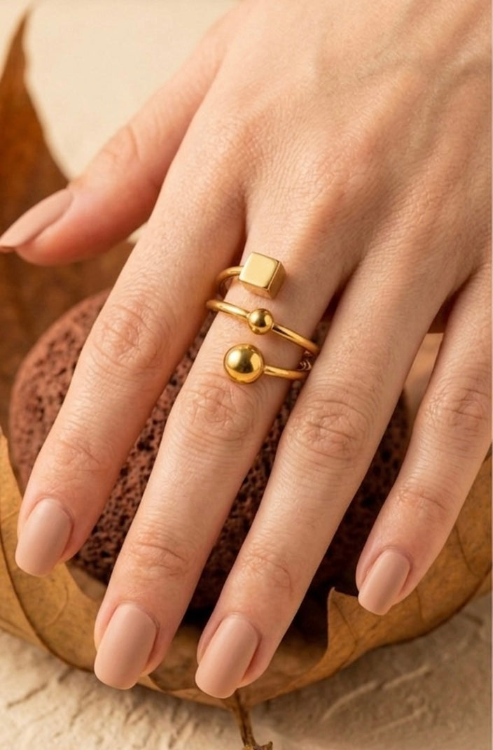 Modern 18K Gold Plated Geometric Bypass Ring | Minimalist Cube and Sphere Open Band Ring