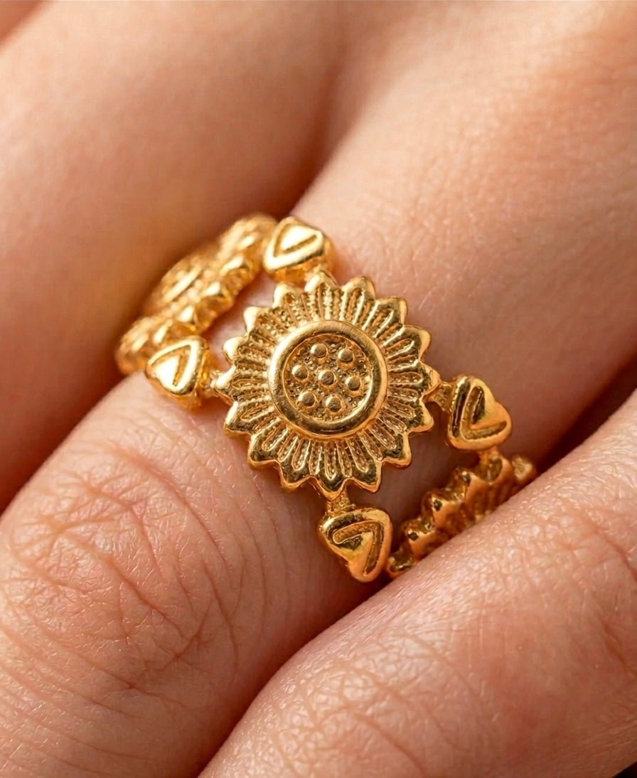 18K Gold Plated Sunflower & Heart Eternity Ring ACERO JEWELS
