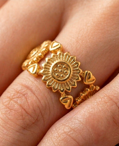 18K Gold Plated Sunflower & Heart Eternity Ring ACERO JEWELS