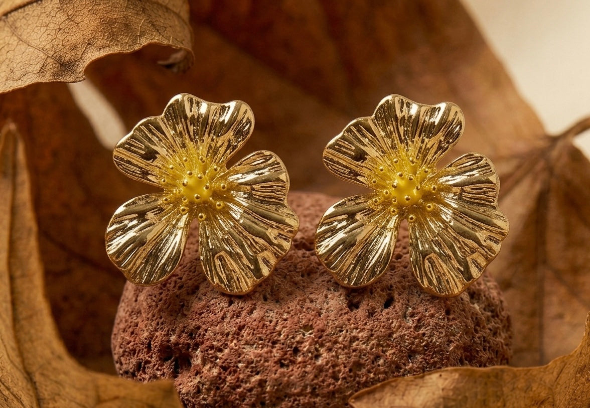 18K Gold Plated Vintage Floral Stud Earrings | Textured 3D Flower Earrings for Women