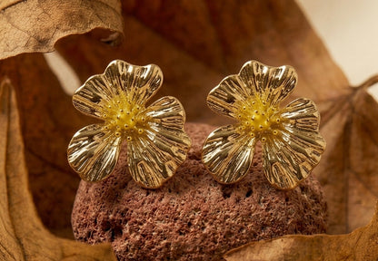 18K Gold Plated Vintage Floral Stud Earrings | Textured 3D Flower Earrings for Women