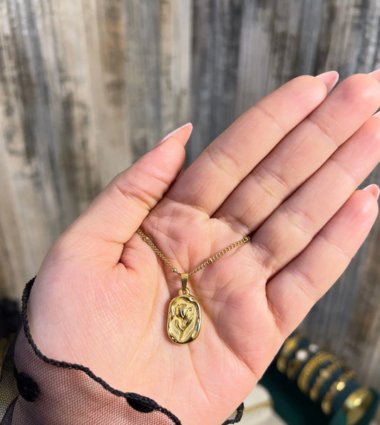 18K Gold Plated Vintage Rose Medallion Necklace | Embossed Floral Pendant on Dainty Link Chain - ACERO JEWELS