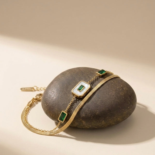 18k Gold Plated Emerald & Mother of Pearl Layered Bracelet