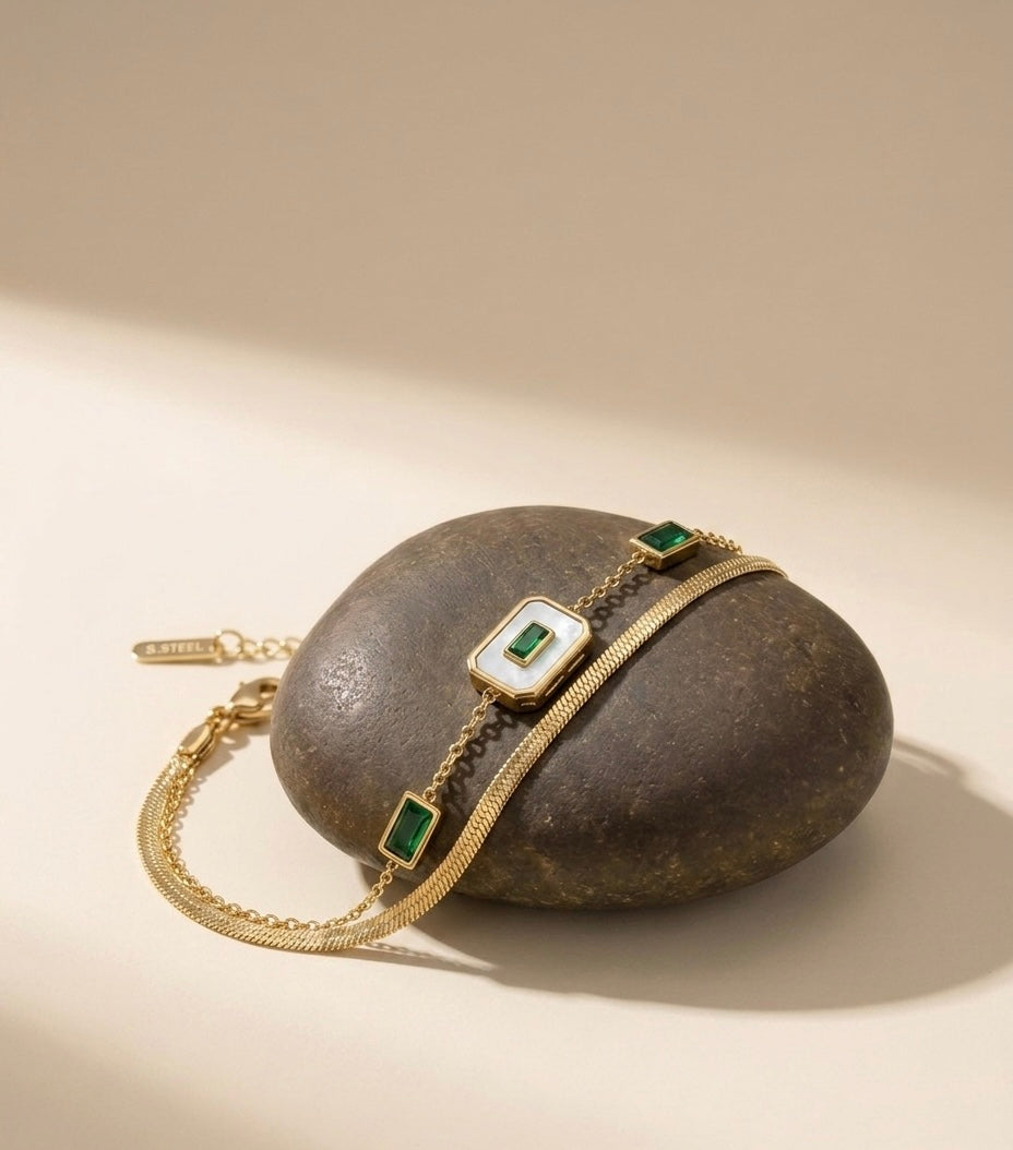 18k Gold Plated Emerald & Mother of Pearl Layered Bracelet