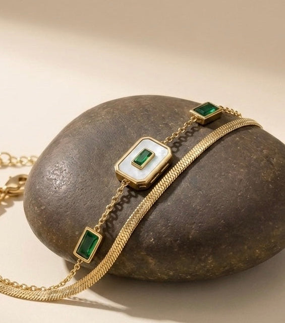 18k Gold Plated Emerald & Mother of Pearl Layered Bracelet
