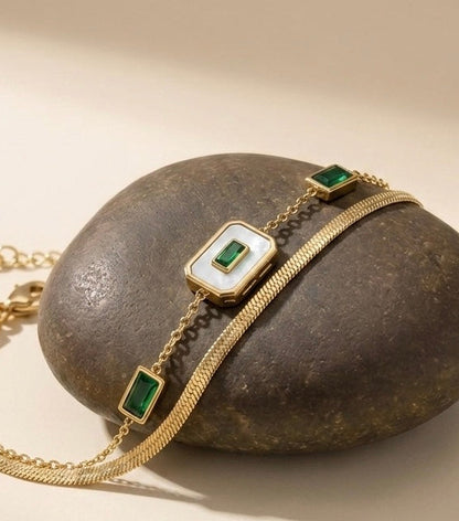 18k Gold Plated Emerald & Mother of Pearl Layered Bracelet