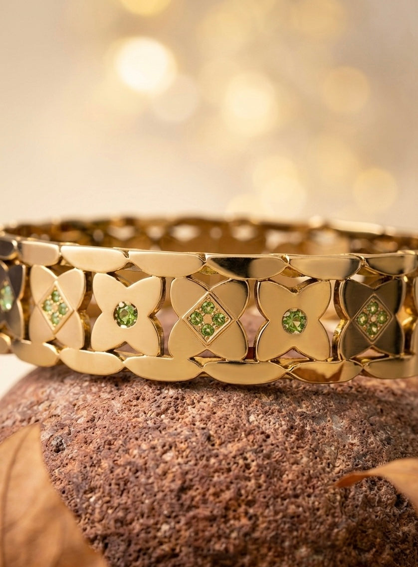 Exquisite 18K Gold Plated Luxury Floral Bangle with Green Crystal Accents