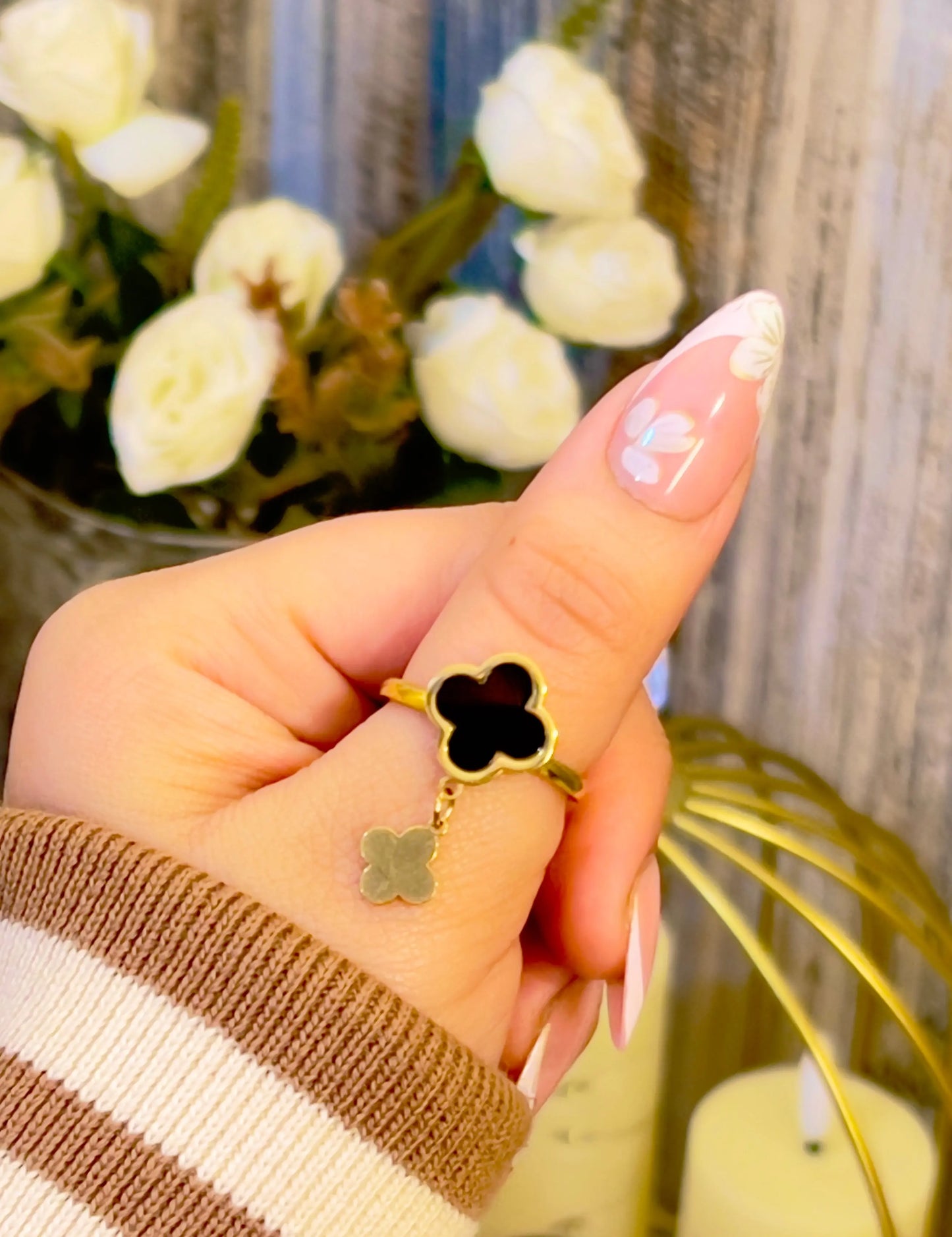 Elegant 18K Gold Plated Black Clover Dangle Ring | Van Cleef Inspired Alhambra Style Charm Ring | Waterproof Stainless Steel Floral Jewelry for Women - ACERO JEWELS