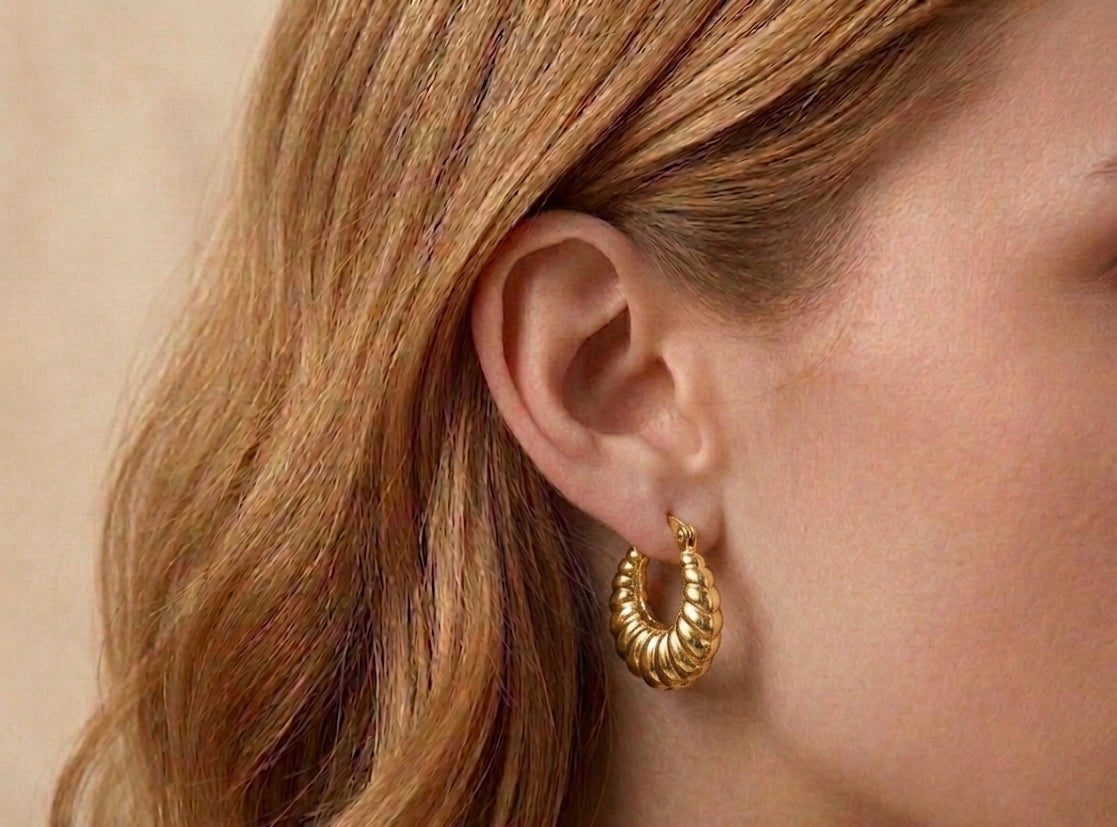 18K Gold Plated Croissant Hoop Earrings | Textured Ribbed Chunky Hoops for Women