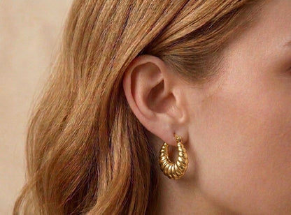 18K Gold Plated Croissant Hoop Earrings | Textured Ribbed Chunky Hoops for Women