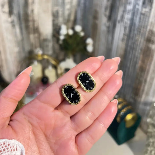 18K Gold Plated Roman Numeral Clock Earrings | Vintage Oval Studs with Black Enamel Face - ACERO JEWELS