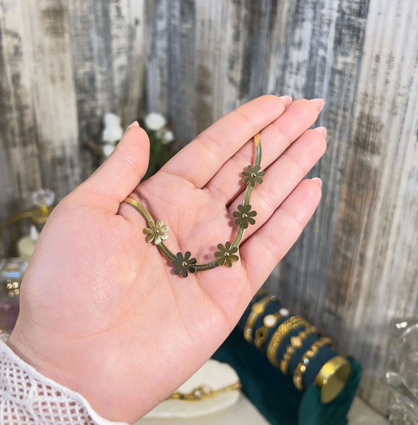 Golden Daisy Herringbone Bracelet – 18K Gold Plated, Anti-Tarnish & Waterproof - ACERO JEWELS