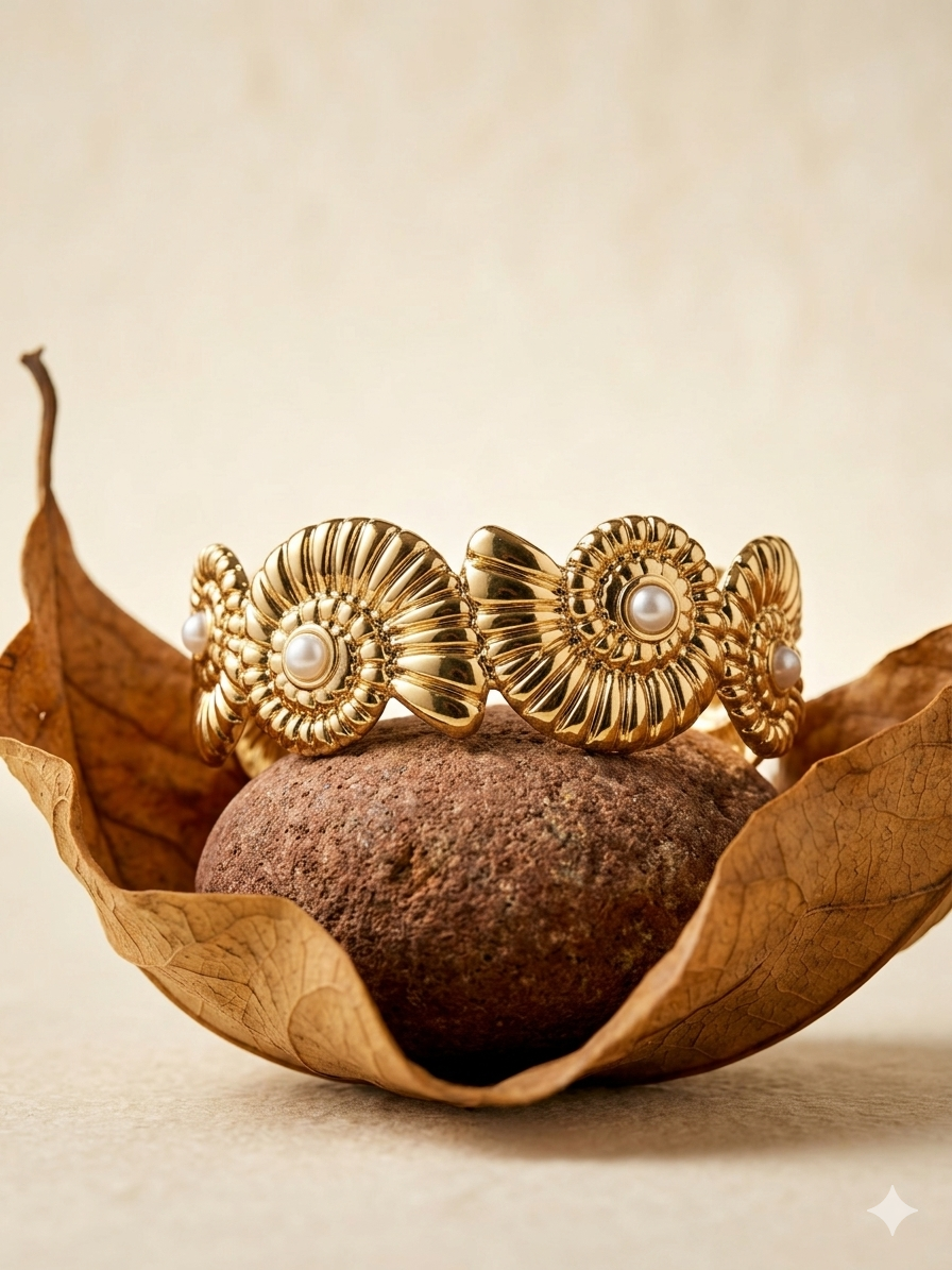 18K Gold Plated Ammonite Shell Cuff Bracelet – Marine Pearl Statement Bangle