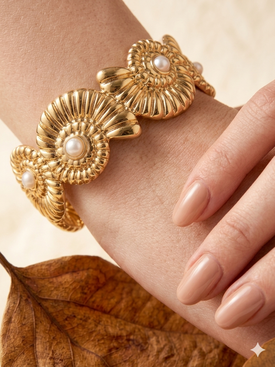 18K Gold Plated Ammonite Shell Cuff Bracelet – Marine Pearl Statement Bangle