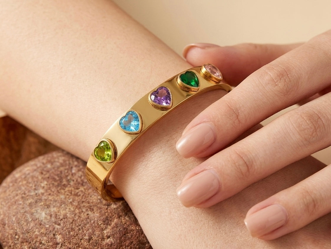 Multicolor Heart Gemstone Gold Bangle – Elegant Enamel Heart Charm Bracelet for Women