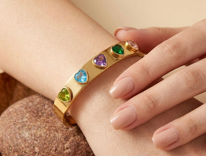 Multicolor Heart Gemstone Gold Bangle – Elegant Enamel Heart Charm Bracelet for Women