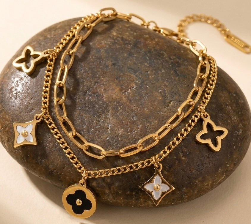 Layered Monogram Charm Bracelet – 18k Gold Duo-Chain with Shell Inlay