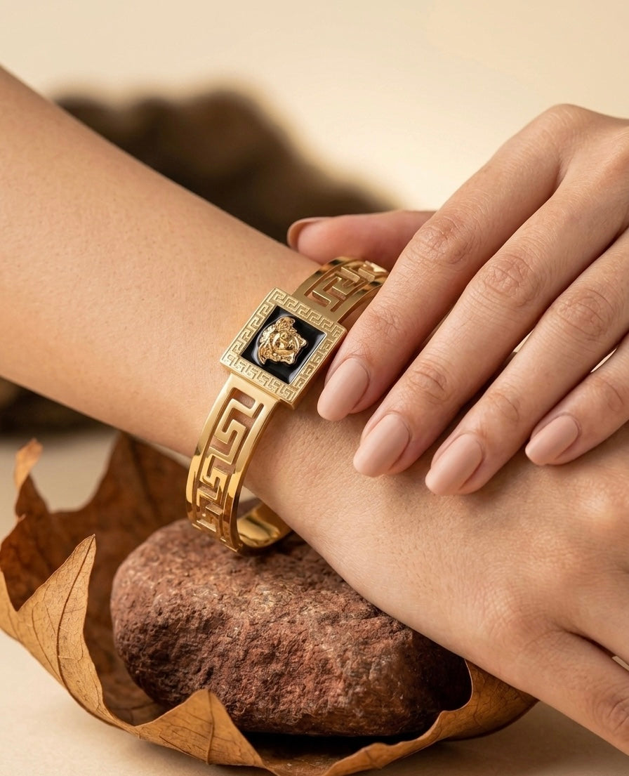 Luxury 18k Gold Plated Greek Key Medusa Bangle