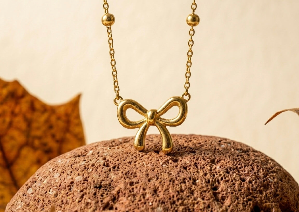 18K Gold Plated Ribbon Bow Necklace | Dainty Coquette Bow Pendant on Satellite Chain