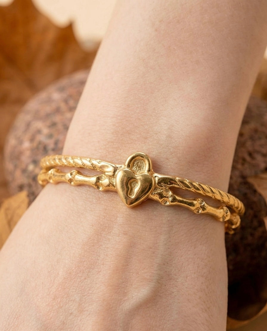 18k Gold Plated Heart Lock Padlock Bangle