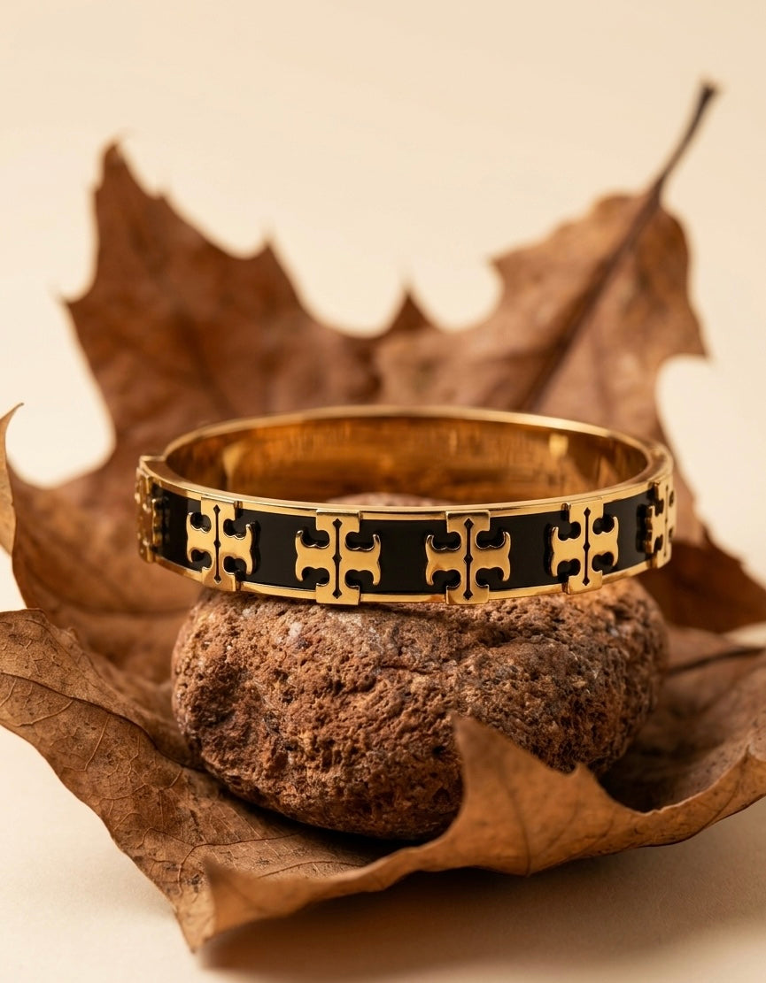 18k Gold Plated Black Enamel Geometric Bangle – Modern "T" Motif Link Bracelet
