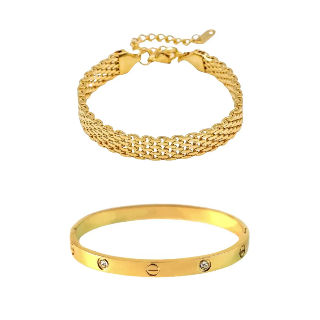 18K Gold Plated Luxury Screw & Mesh Bracelet Stack - ACERO JEWELS
