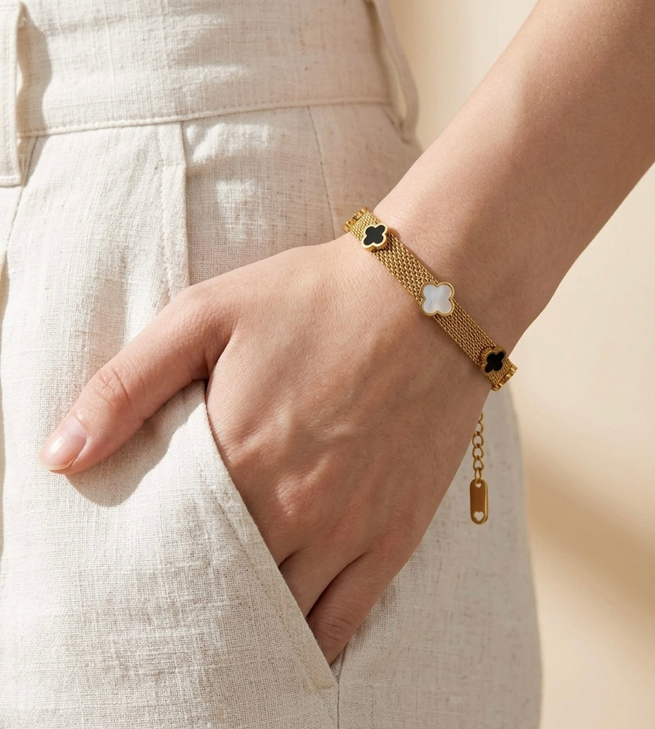 18k Gold Plated Multi-Charm Mesh Clover Bracelet