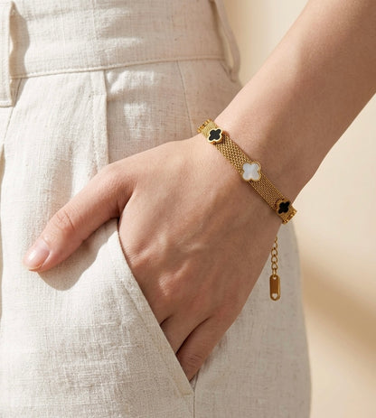 18k Gold Plated Multi-Charm Mesh Clover Bracelet