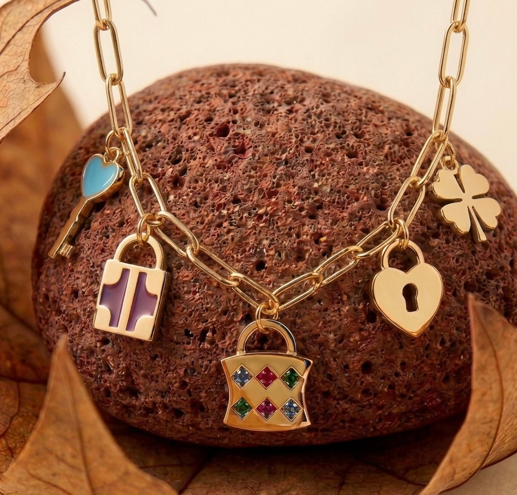 18k Gold Plated Vintage Lock & Key Charm Necklace