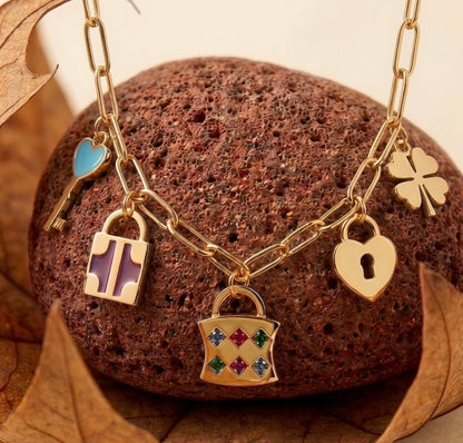 18k Gold Plated Vintage Lock & Key Charm Necklace