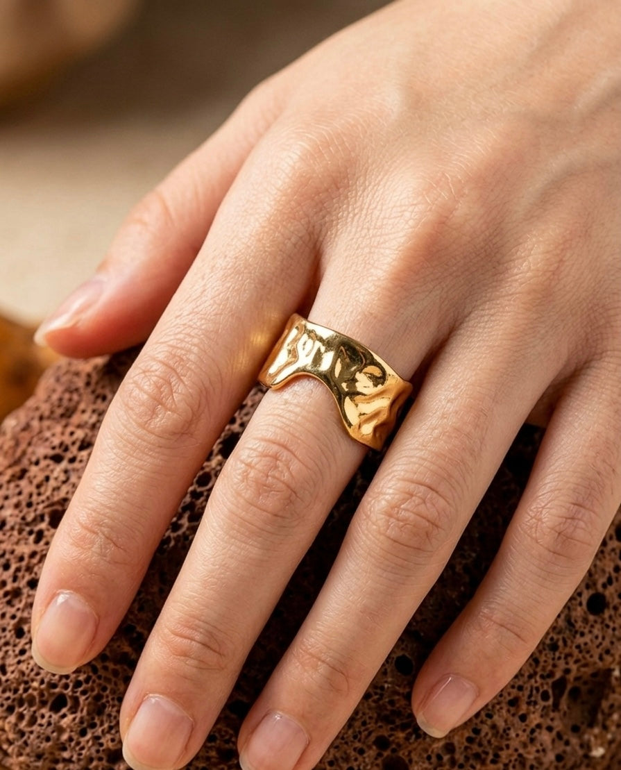 18k Gold Plated Boho Hammered Metal Wave Ring ACERO JEWELS