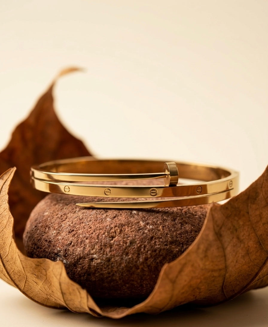 18K Gold Plated Nail & Screw Bangle – Minimalist Stackable Cuff Bracelet