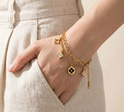 Layered Monogram Charm Bracelet – 18k Gold Duo-Chain with Shell Inlay