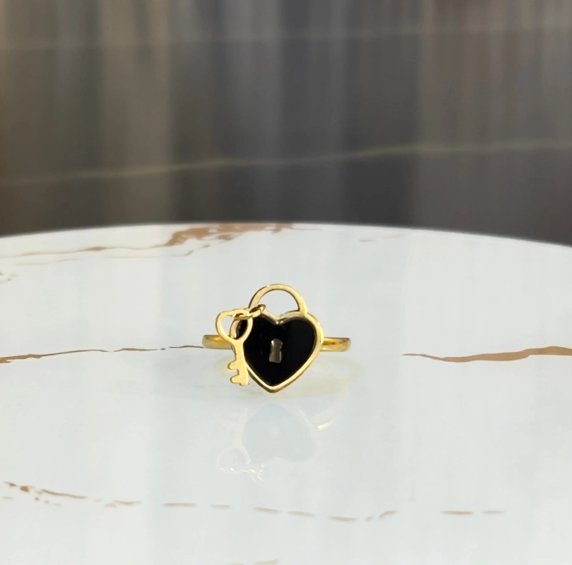Elegant Black Enamel Heart Lock and Key Ring - Gold Plated Romantic Jewelry for Women - ACERO JEWELS