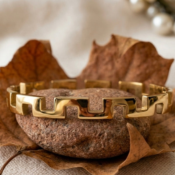 Gold Greek Key Cutout Bangle – Tarnish-Free Stainless Steel Geometric Bracelet