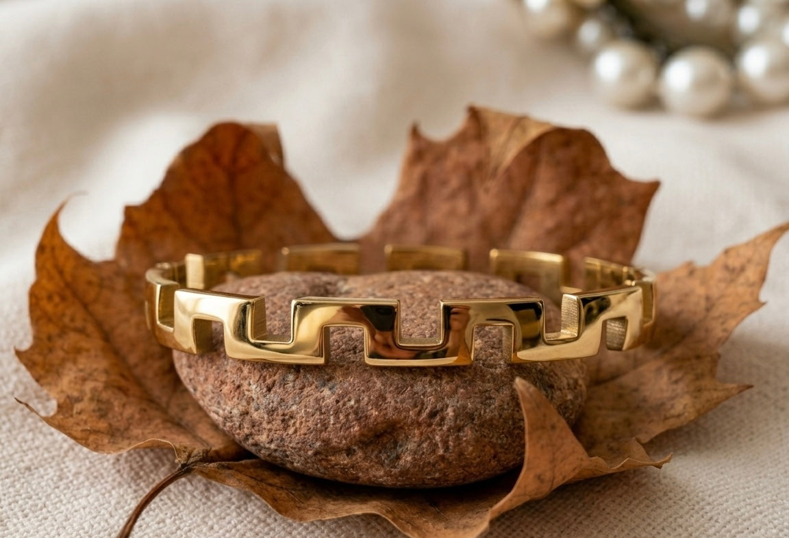 Gold Greek Key Cutout Bangle – Tarnish-Free Stainless Steel Geometric Bracelet
