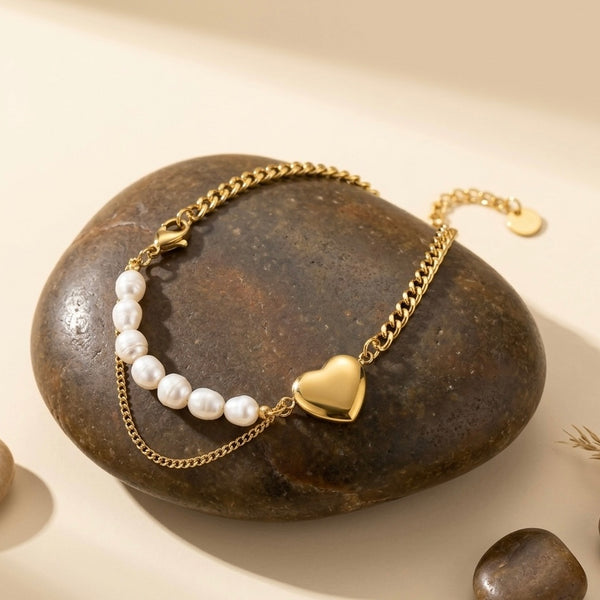 Pearl & Heart Fusion Charm Bracelet – 18K Gold Plated, Anti-Tarnish & Waterproof