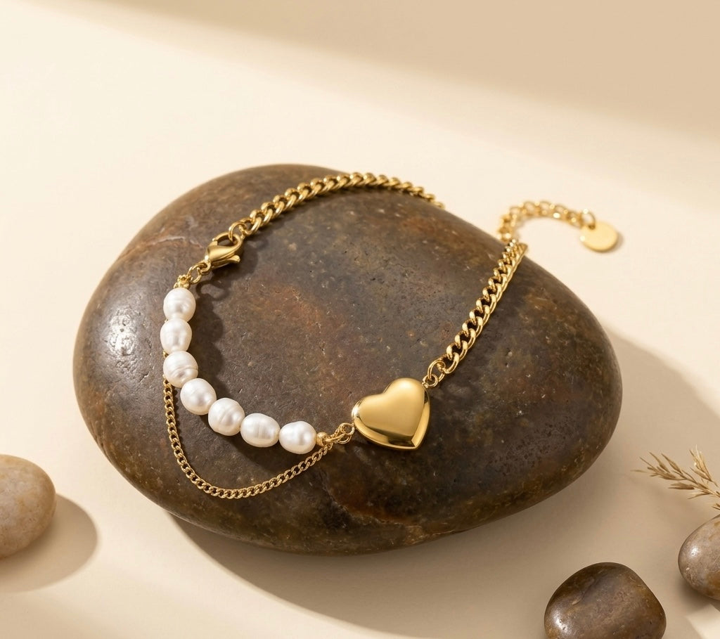 Pearl & Heart Fusion Charm Bracelet – 18K Gold Plated, Anti-Tarnish & Waterproof