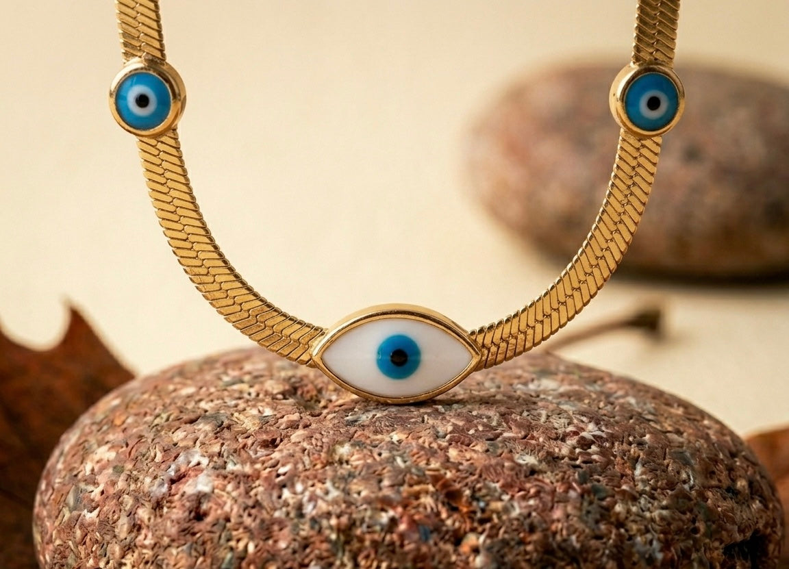 18K Gold Plated Evil Eye Herringbone Necklace | Blue Eye Protection Choker on Flat Snake Chain