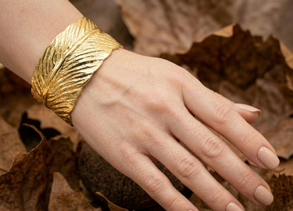 Vintage Leaf Textured Cuff Bracelet | Gold Statement Open Bangle