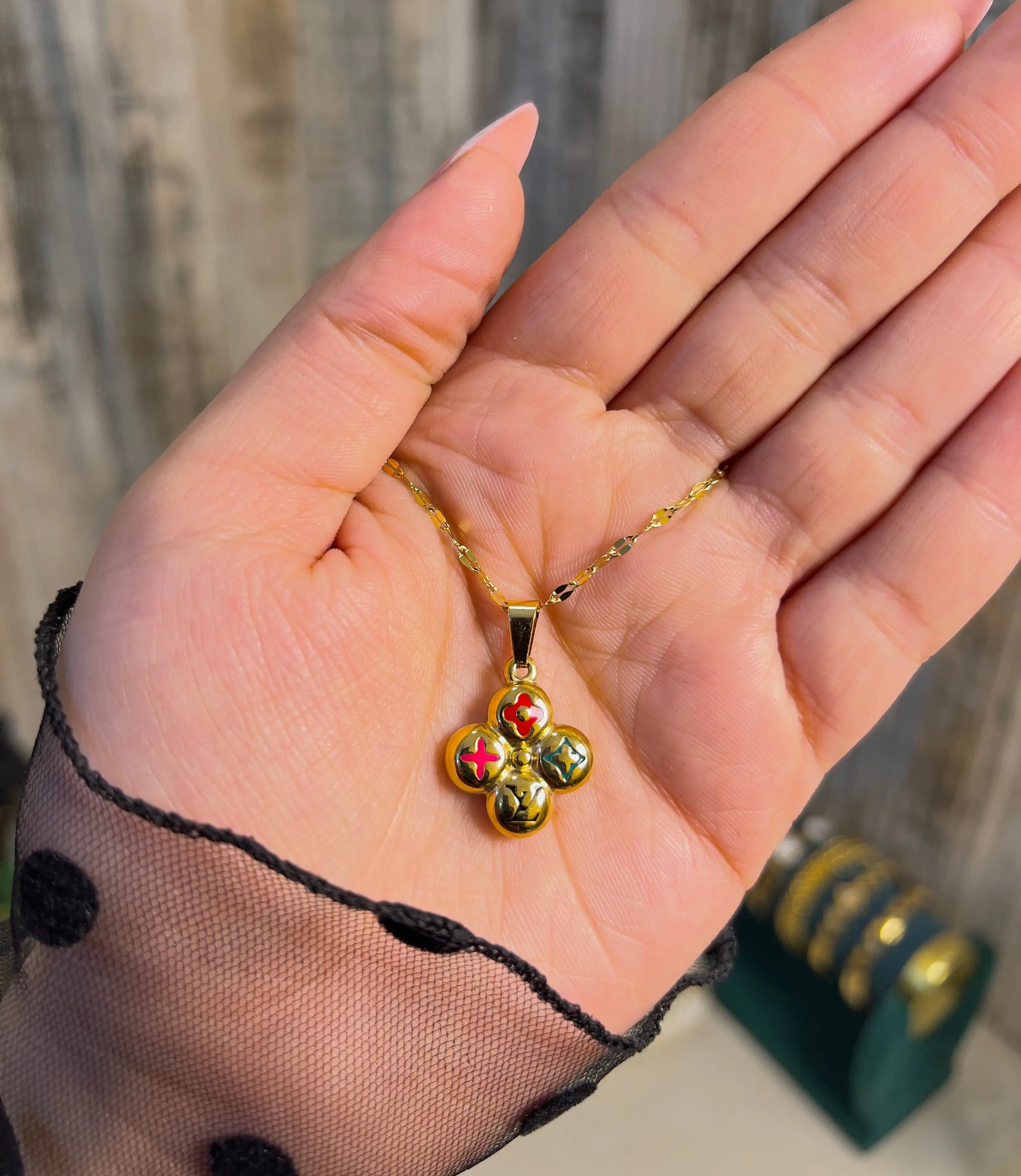 Luxury Inspired 18K Gold Plated Four-Leaf Clover Pendant Necklace | Colorful Enamel Monogram Charm Jewelry for Women - ACERO JEWELS