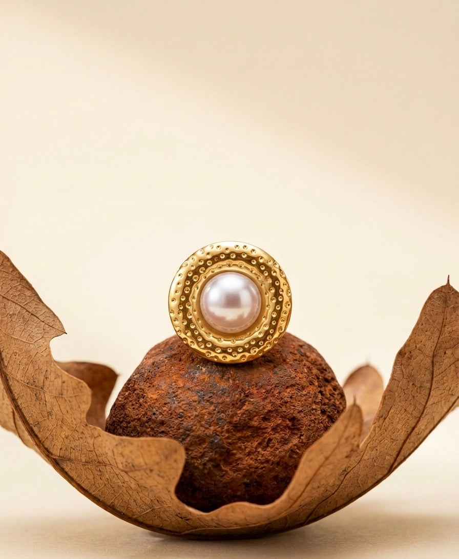 18k Gold Plated Hammered Pearl Button Ring