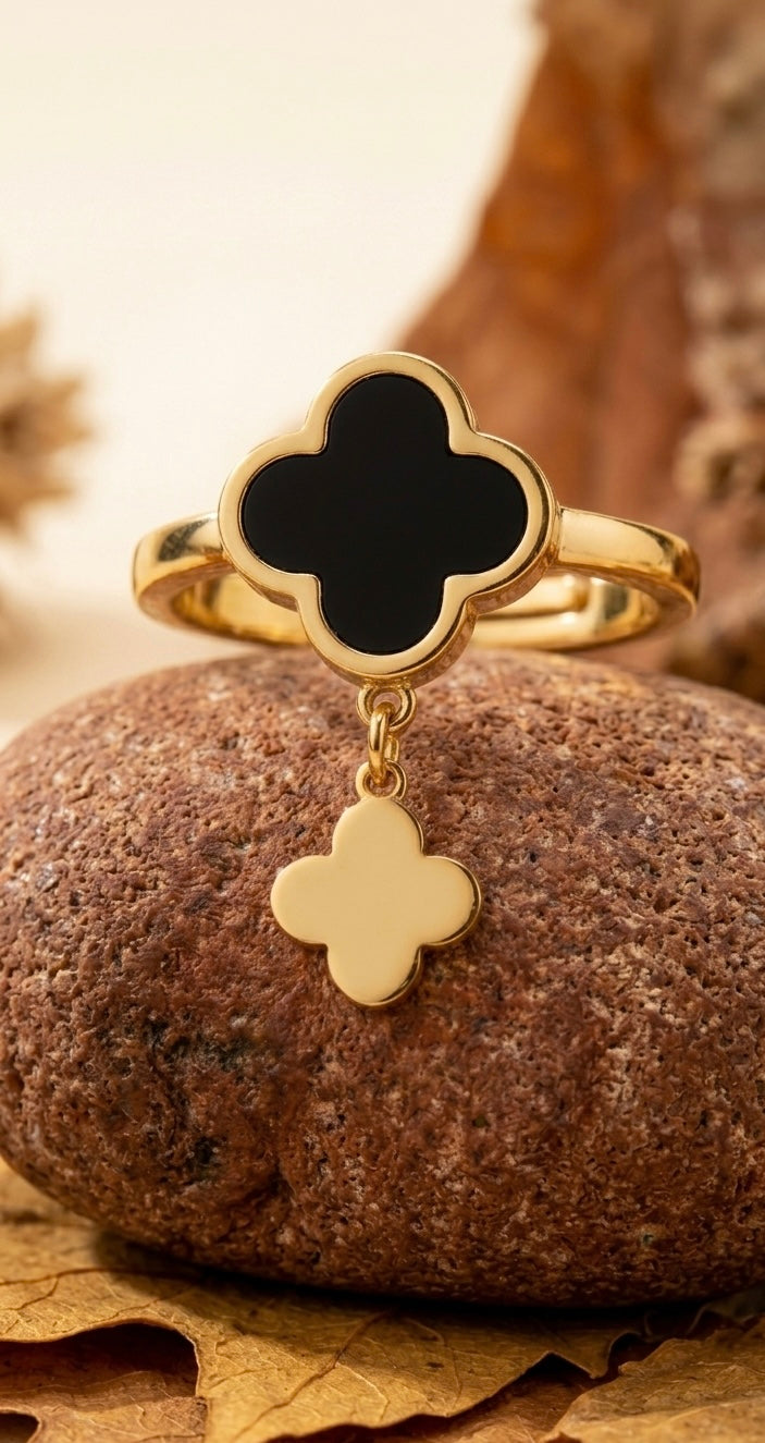 Elegant 18K Gold Plated Black Clover Dangle Ring | Van Cleef Inspired Alhambra Style Charm Ring | Waterproof Stainless Steel Floral Jewelry for Women