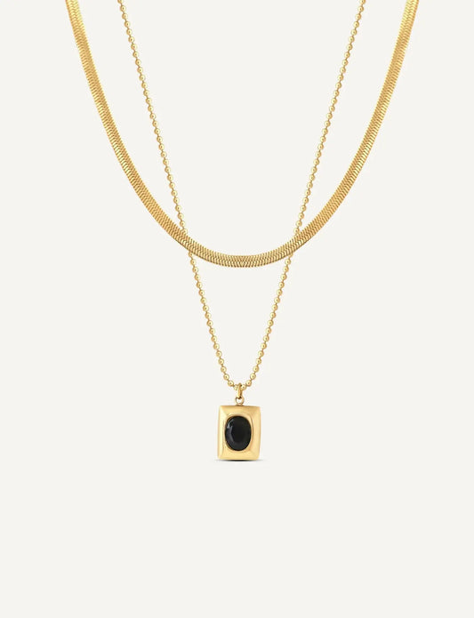 18K Gold Plated Black Oval Medallion Necklace | Chunky Gold Frame Pendant on Ball Chain - ACERO JEWELS